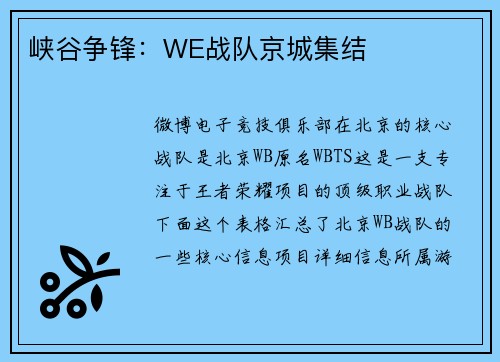 峡谷争锋：WE战队京城集结